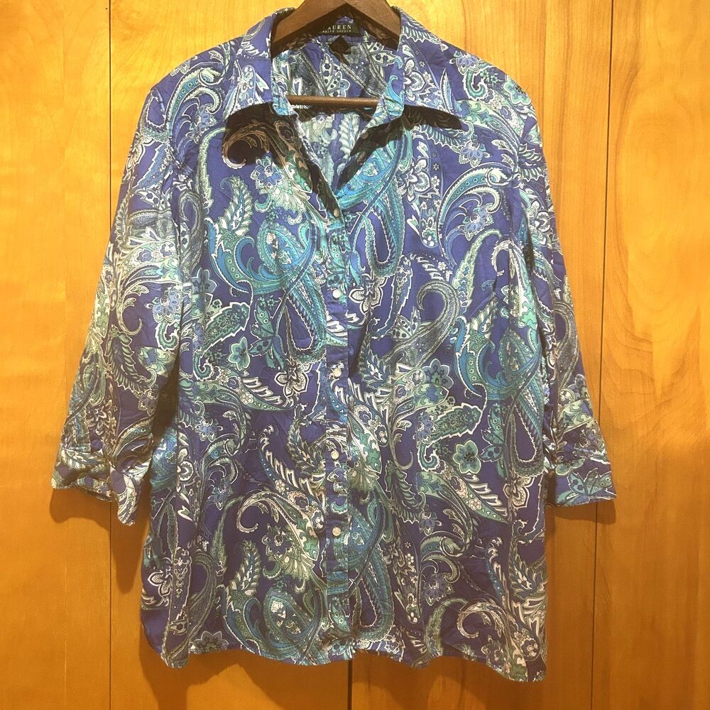 Lauren Ralph Lauren Button Up Shirt Womens 2X Blue Green Paisley Artsy Preppy